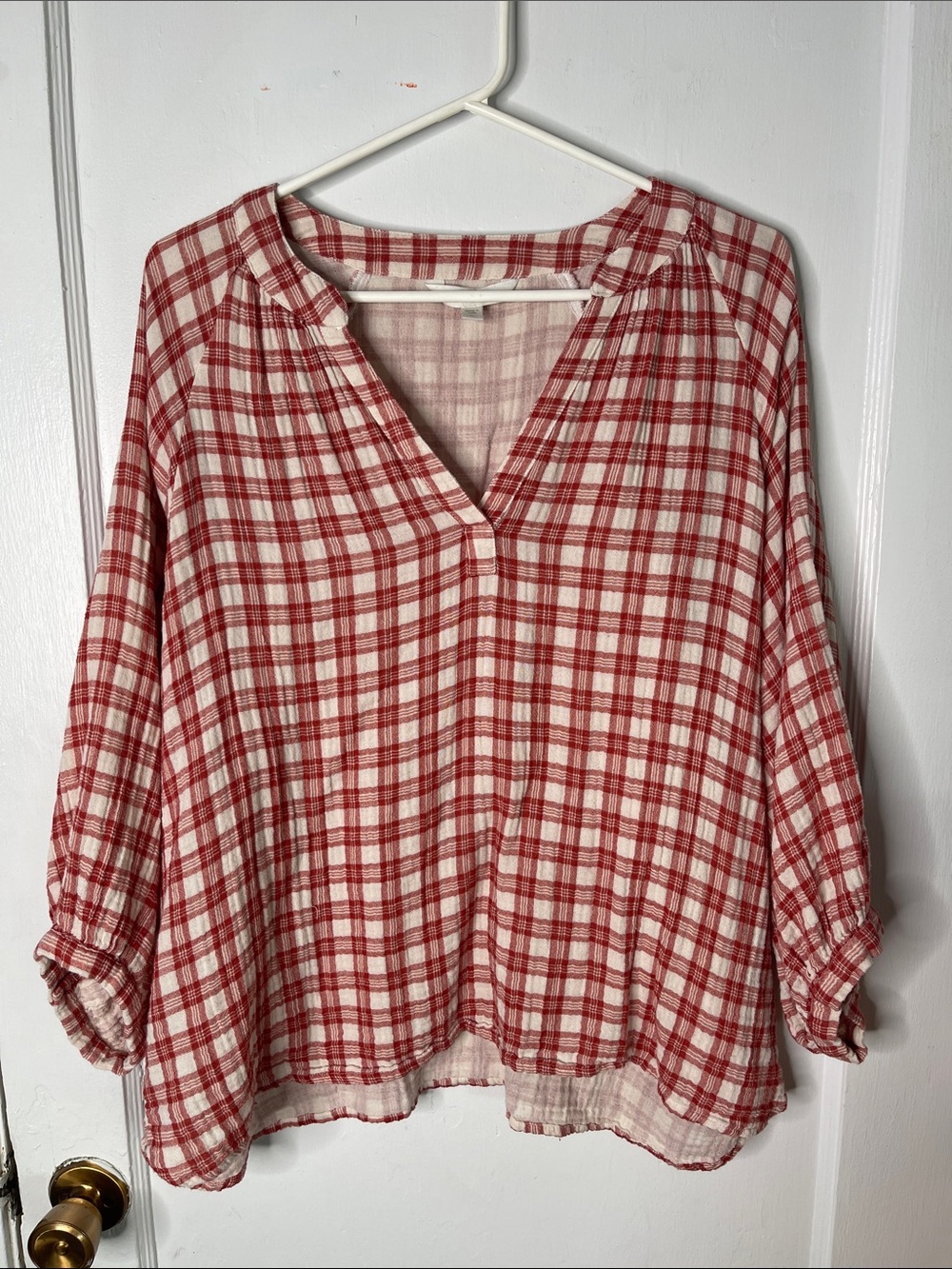 Garnet Hill XL Peasant Top Plaid Rust Cream Organic Cotton 3/4 Sleeves